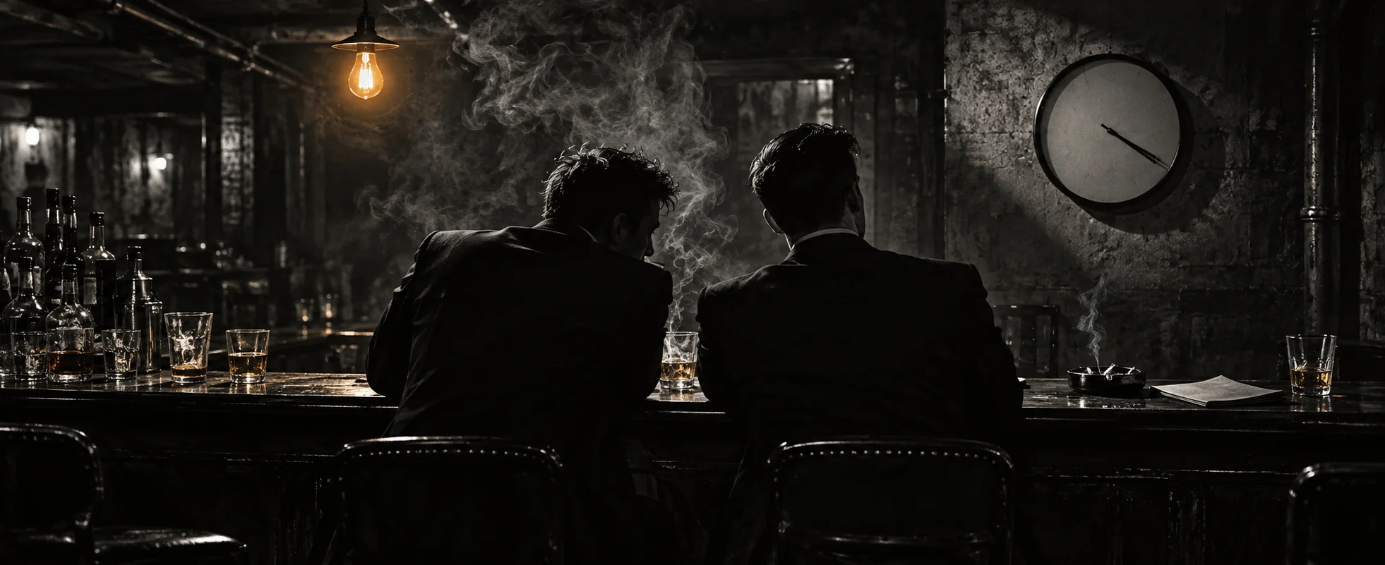 Two men sit in silhouette at the bar of a dim, smoky basement tavern.
