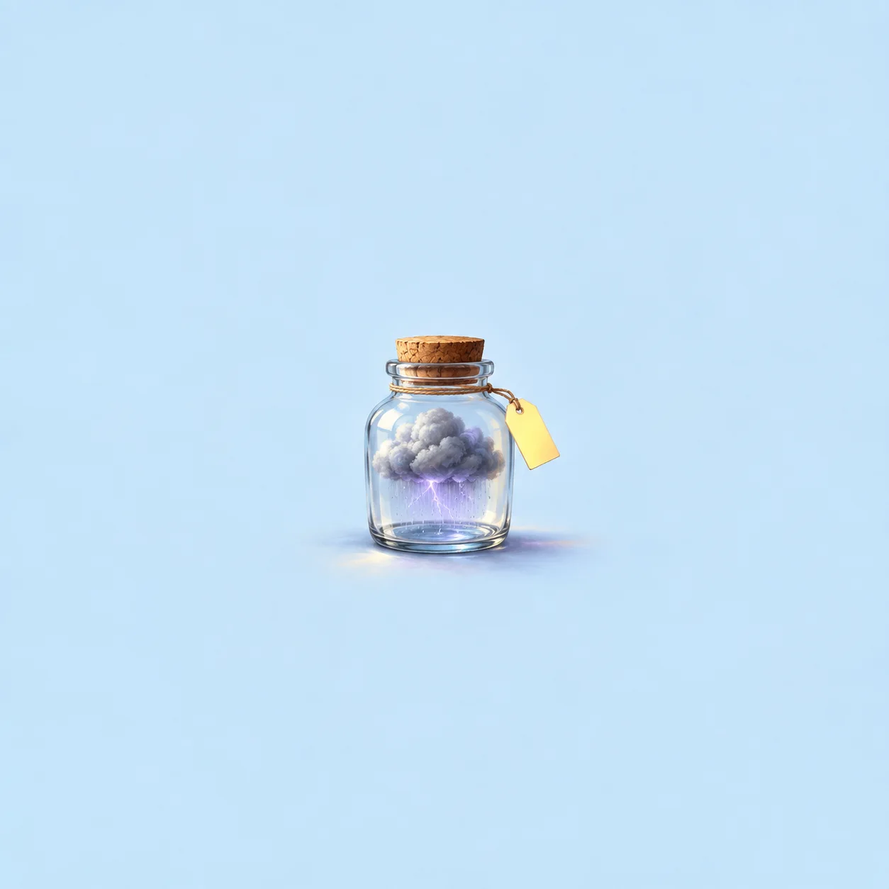 A grey cloud with purple lightning sits inside a corked glass jar with a blank yellow tag.