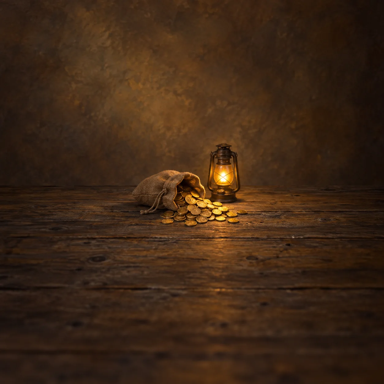 Painterly gold coins spilling from a burlap pouch beside a glowing lantern on dark wood.