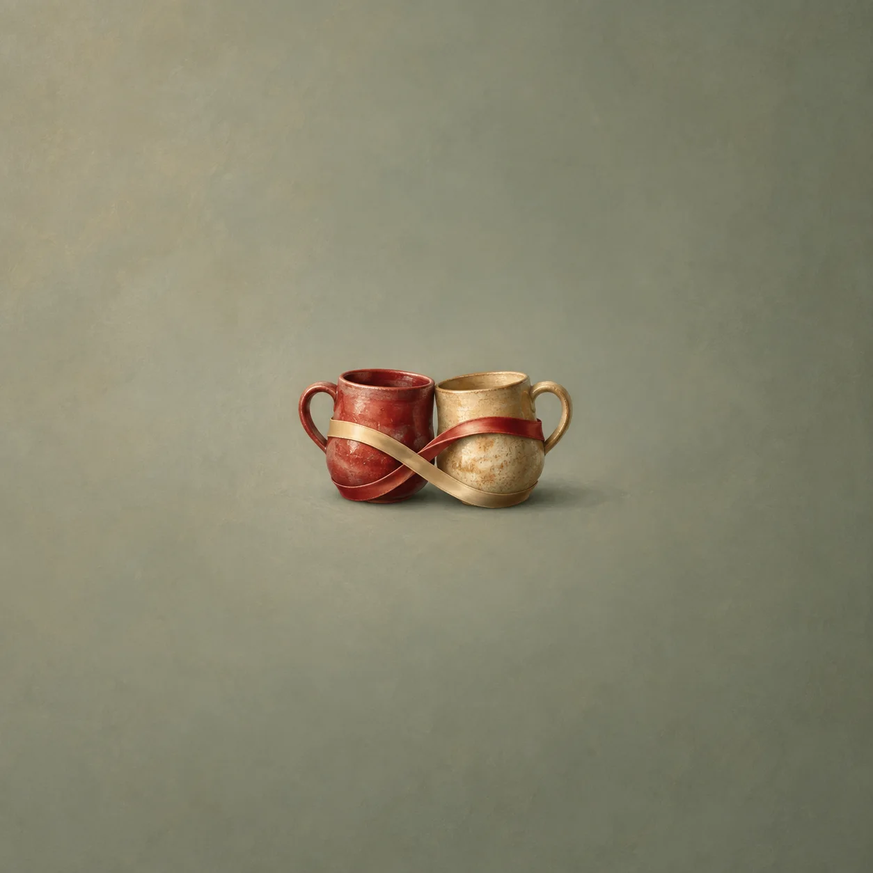 A red mug and a gold mug linked by a looped ribbon on a gray-green background.