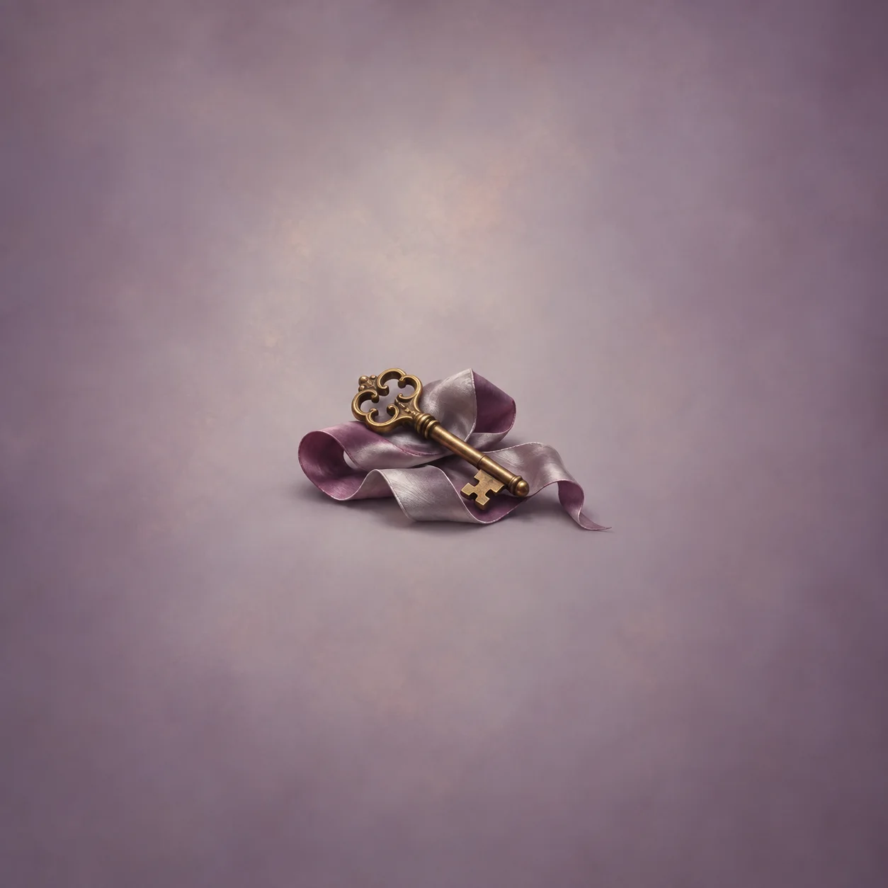An ornate brass key lies on a folded plum-colored silk ribbon.