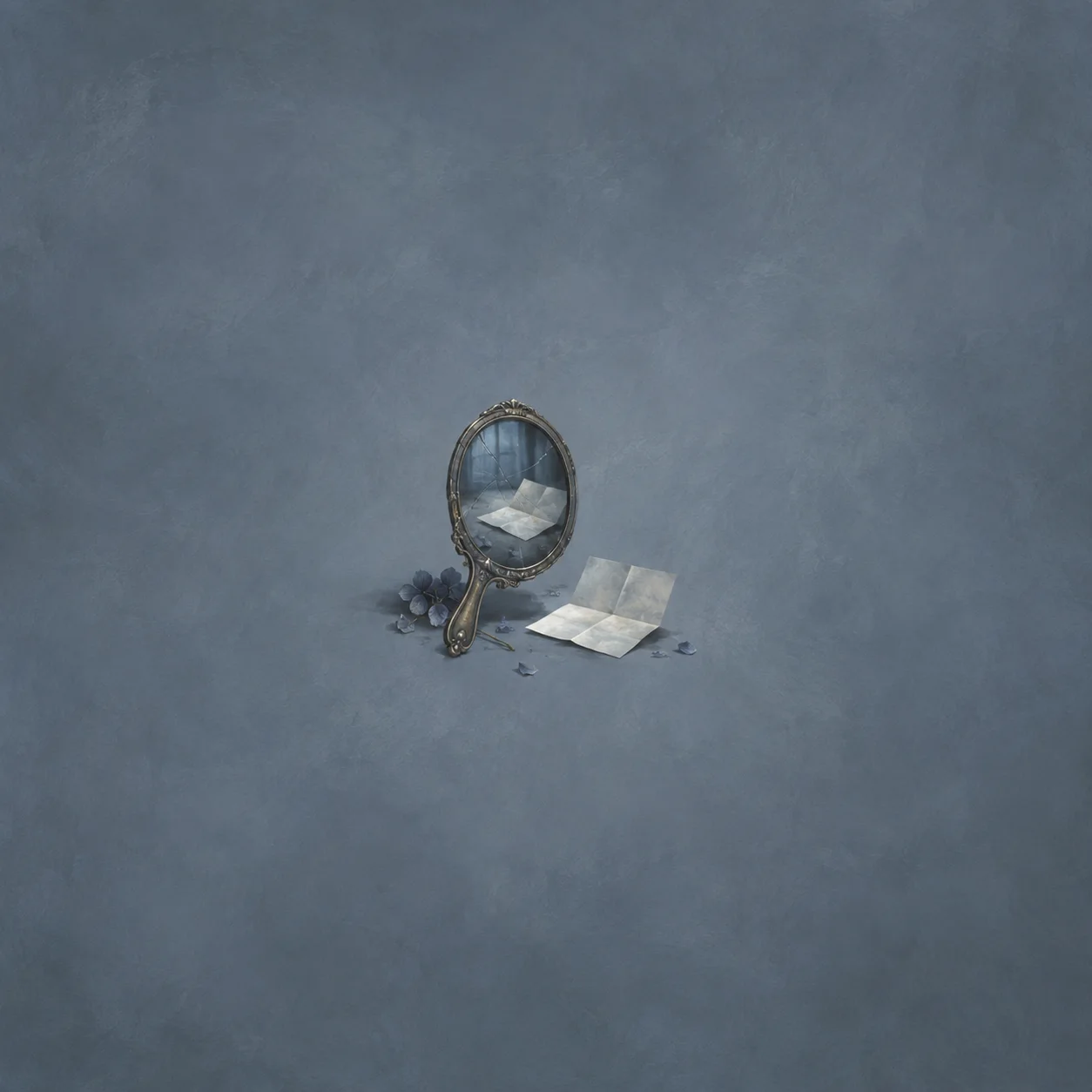 An upright oval hand mirror reflects folded white paper, with paper and small shards beside it on blue-grey ground.