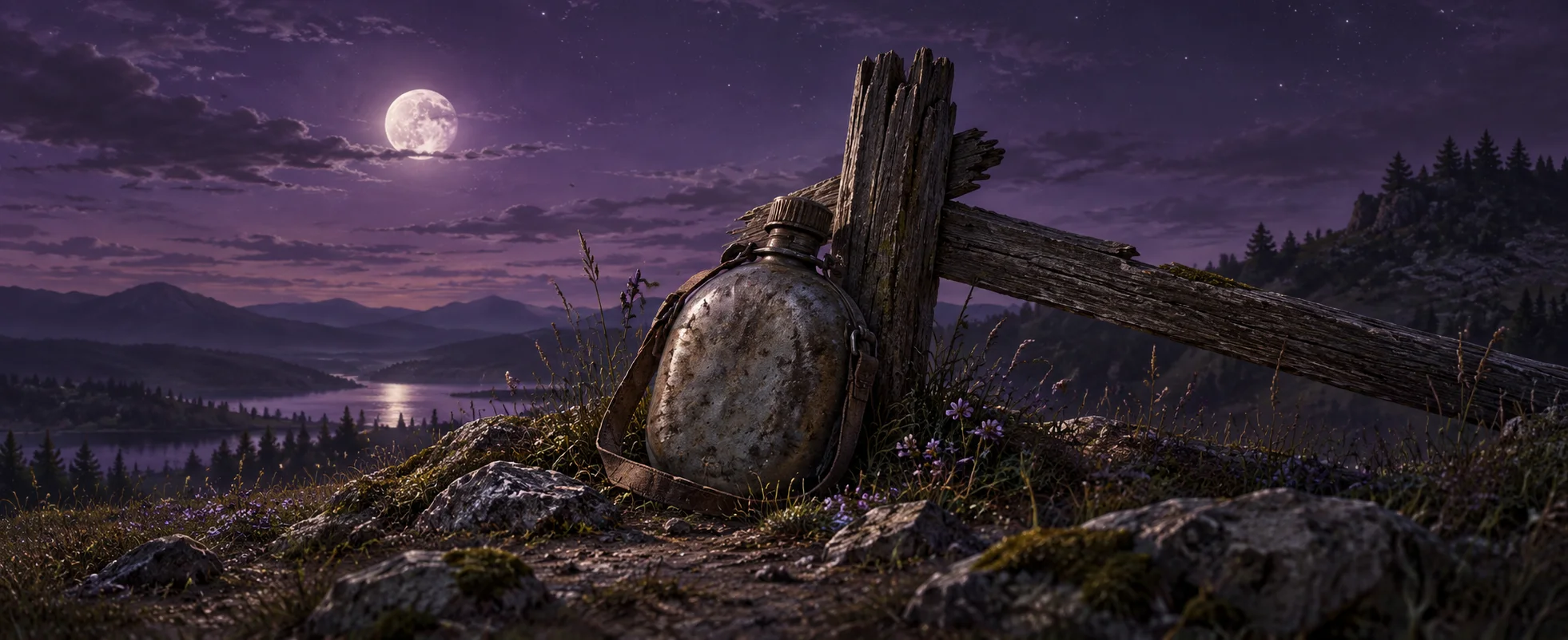 A worn metal canteen rests beside a broken wooden fence beneath a violet night sky.