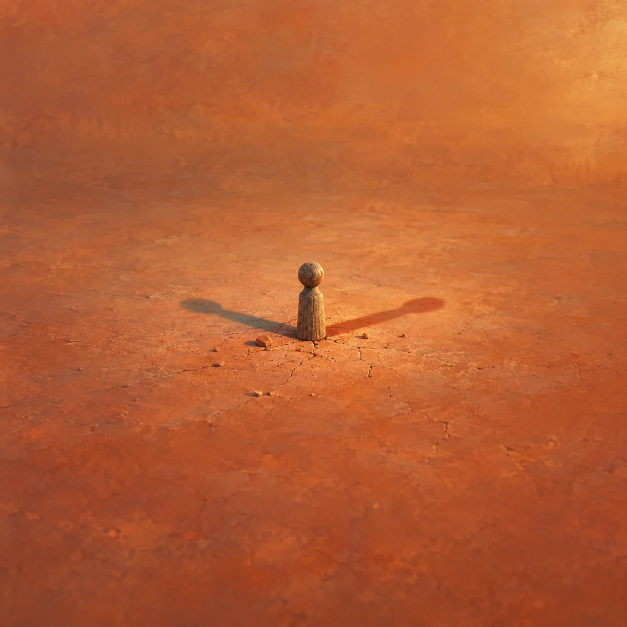 A small wooden figure casts two shadows in opposite directions across cracked orange ground.