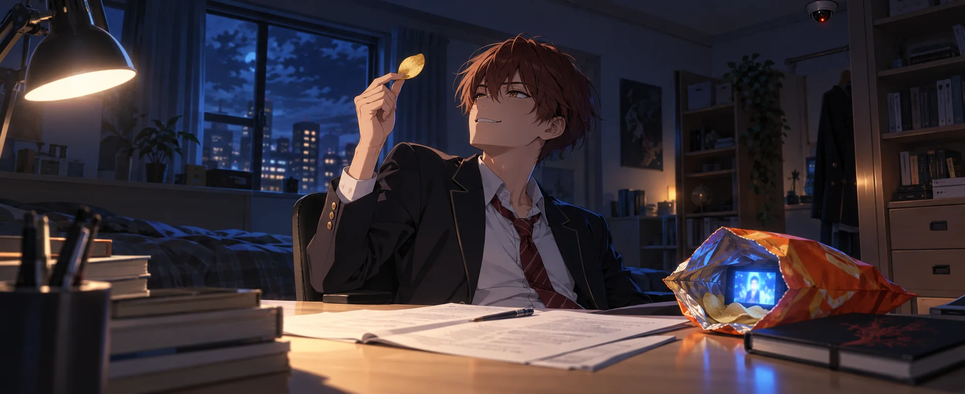 Anime illustration: a teenage student in a dark blazer sits at his desk in a dim bedroom at night, raising a single potato chip, a small glowing screen hidden inside the chip bag beside his books.