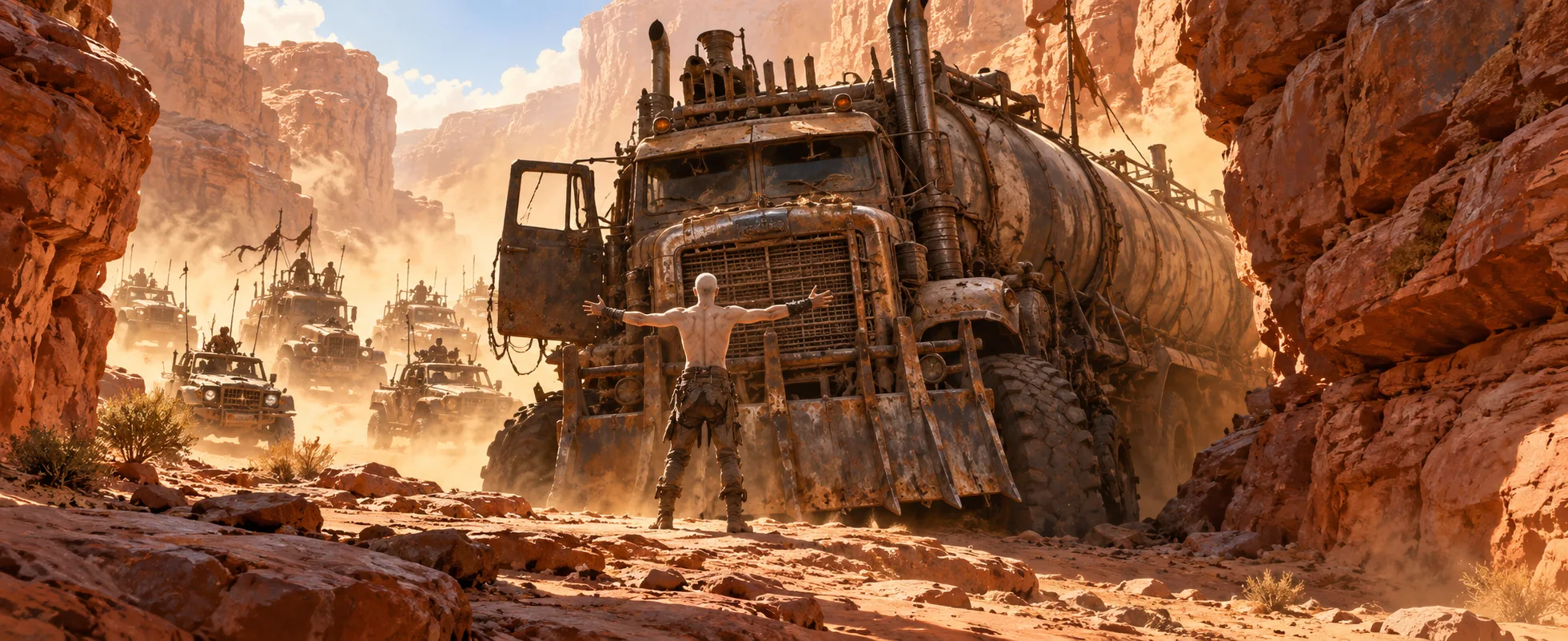 A huge battered tanker rig is wedged in a narrow red canyon as a small pale figure stands with arms spread at its open door.