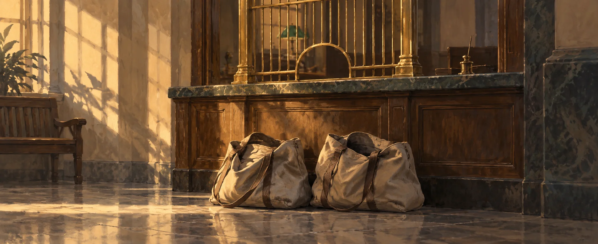 Two empty canvas bags rest beneath a brass bank counter grille in warm late-afternoon light.