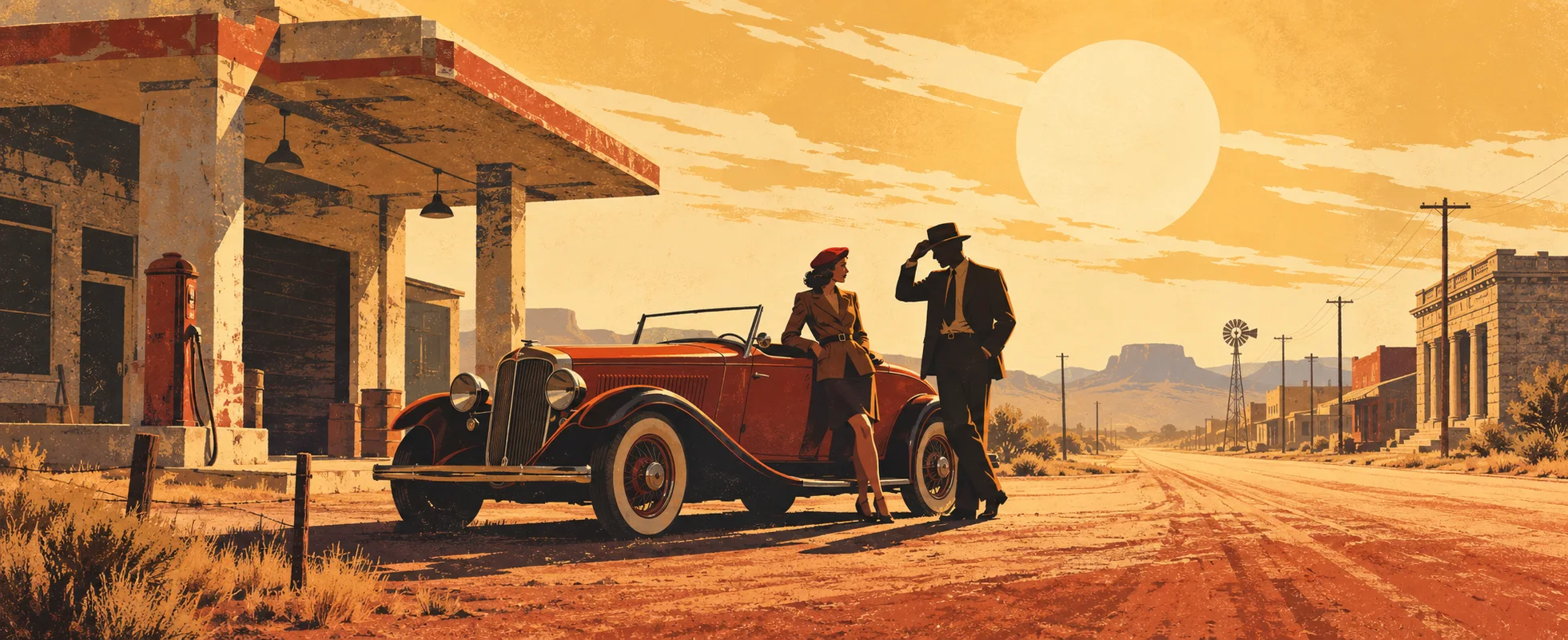 A woman in a beret leans on a red 1930s roadster beside a man in a fedora outside a shuttered filling station on a dusty Depression-era road.