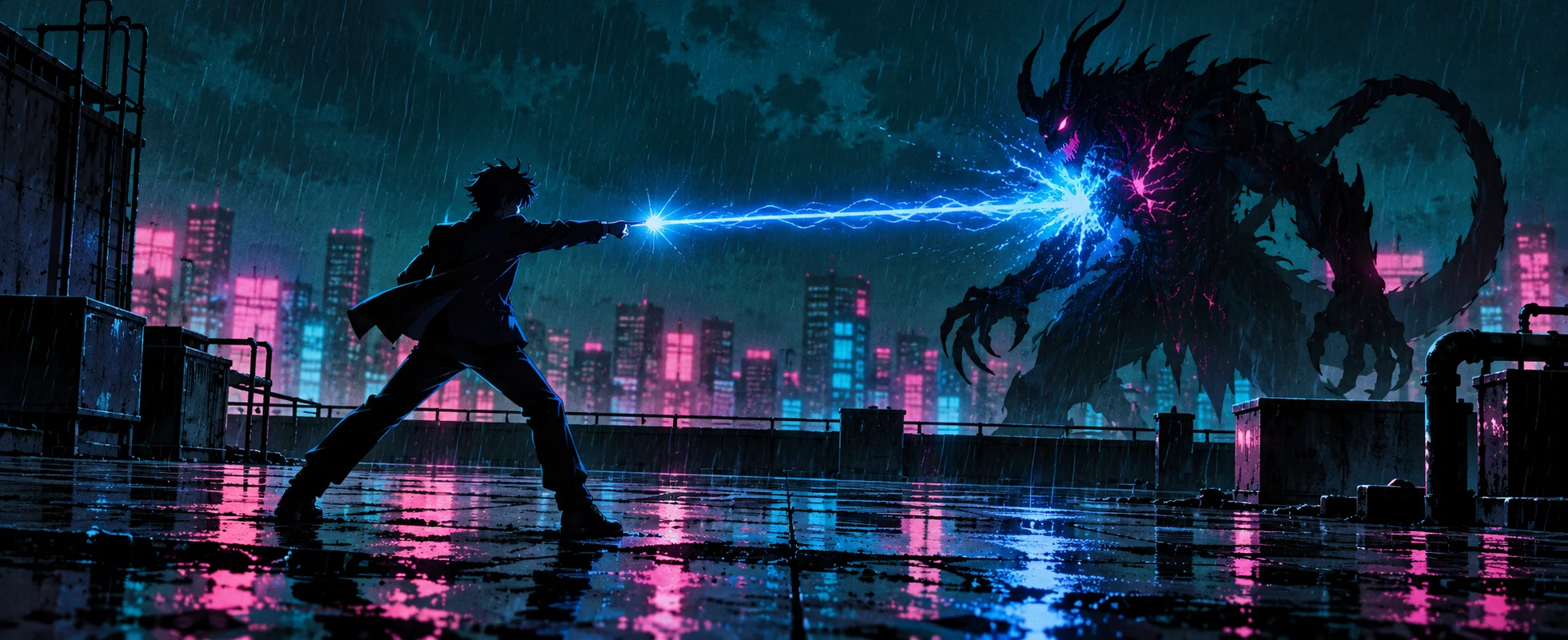 A teenage boy in a rainy neon city fires a blast of blue spirit energy from his finger at a hulking demon.