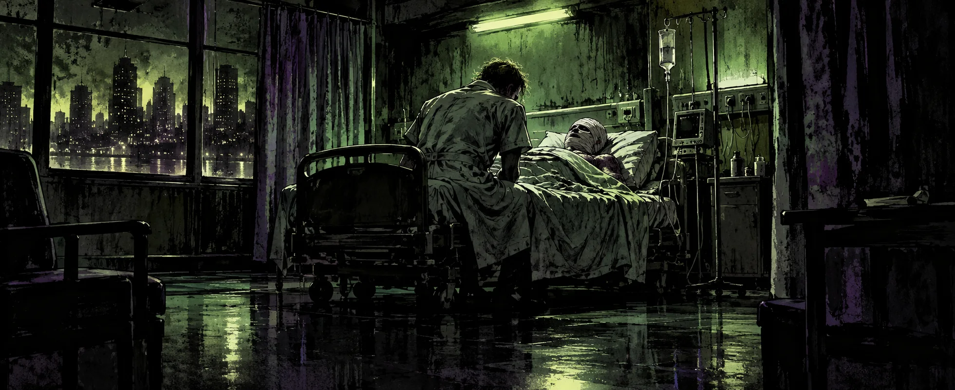 A green-lit hospital room at night: a man in a nurse's uniform sits on the bed beside a bandaged patient.