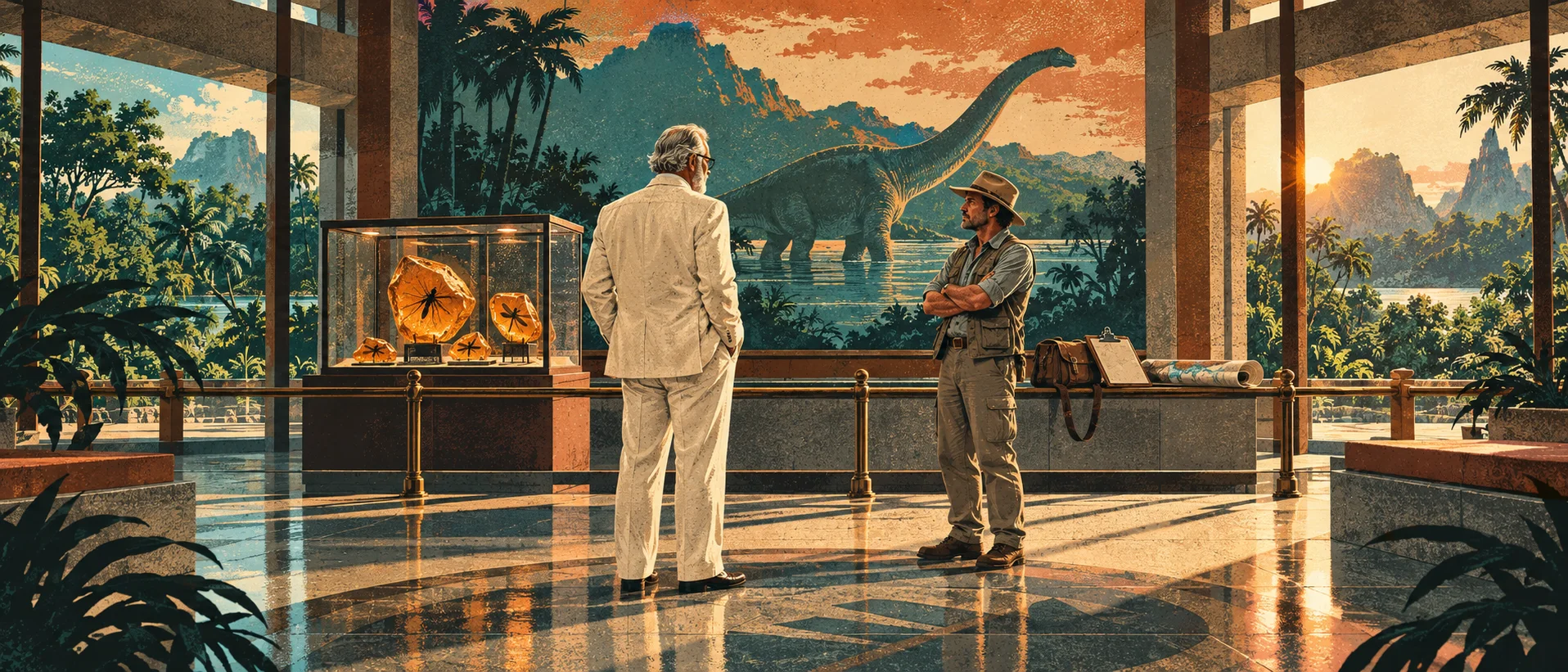 A man in a white suit and a man in a safari hat stand in a grand visitor-centre hall as a long-necked dinosaur passes the windows.