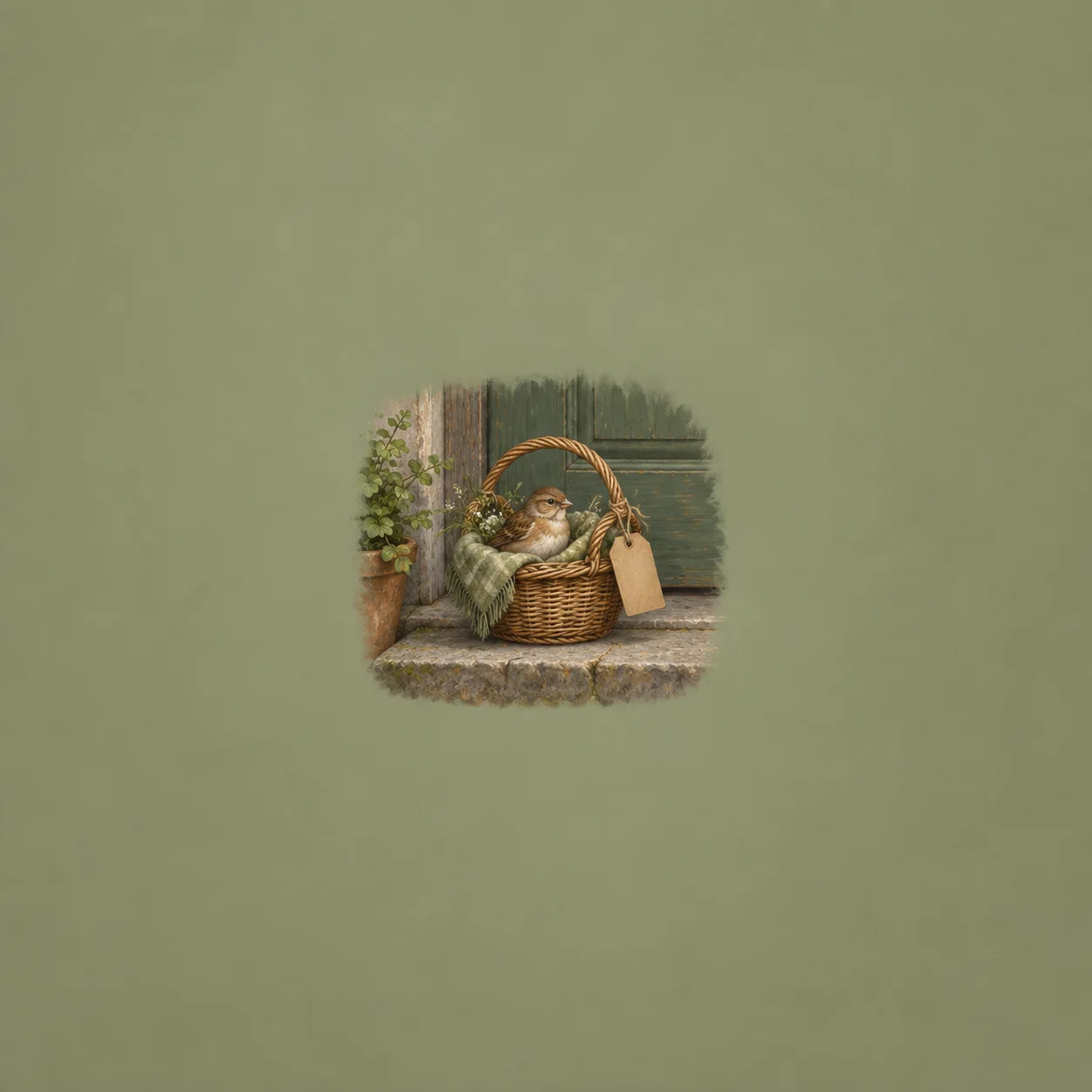 A small bird nestled in a cloth-lined wicker basket with a blank tag on a stone doorstep.
