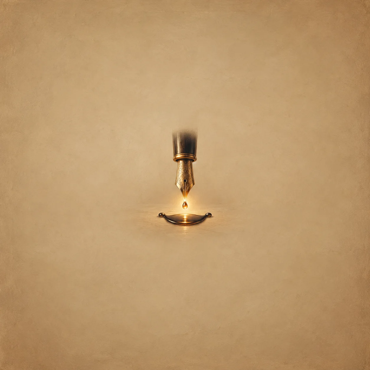 A fountain pen nib releases a glowing golden drop above a shallow curved ink pool against a sepia background.