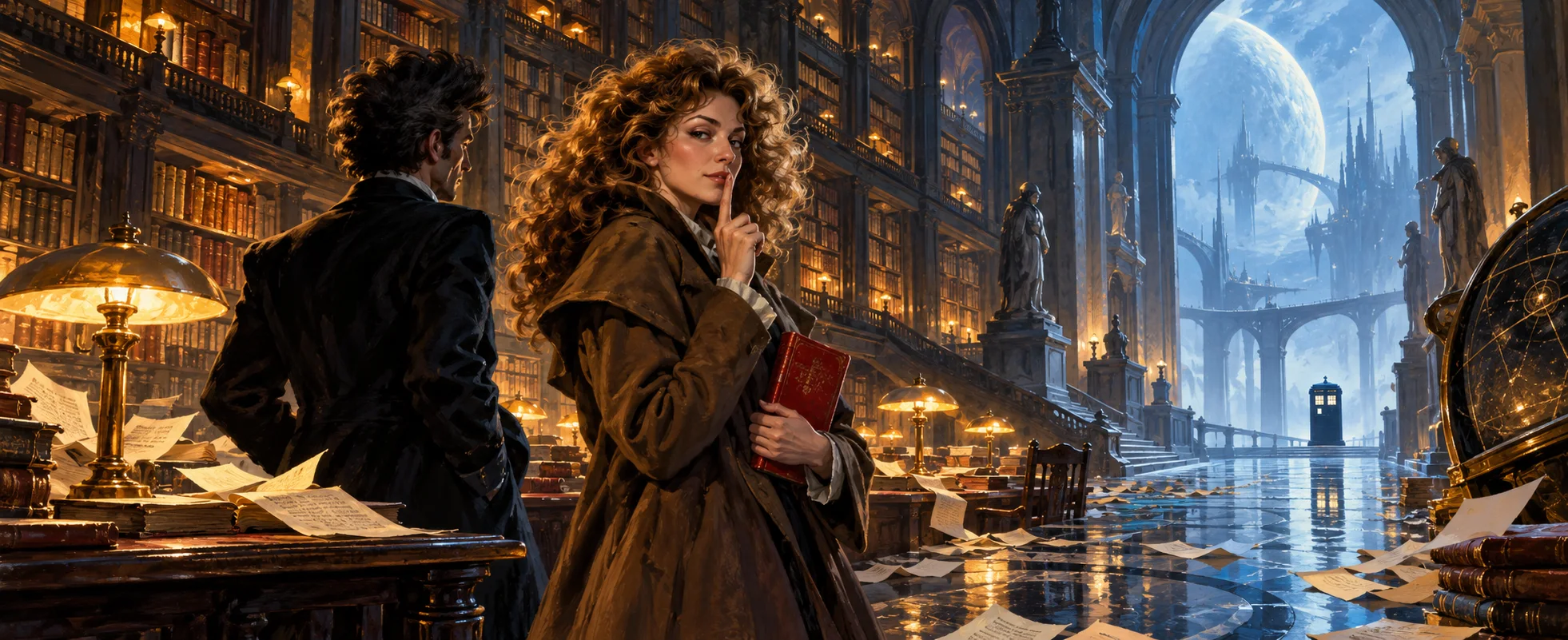 A woman with a mass of curly hair holds a red diary and puts a finger to her lips in a vast lamp-lit library, a man in a dark suit beside her and a blue police box far down the hall.
