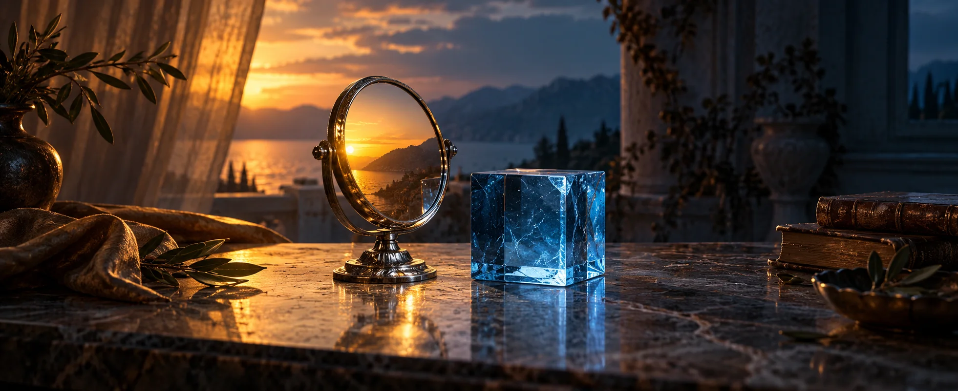A warm amber light reflects in a small silver mirror beside a cold blue glass cube.