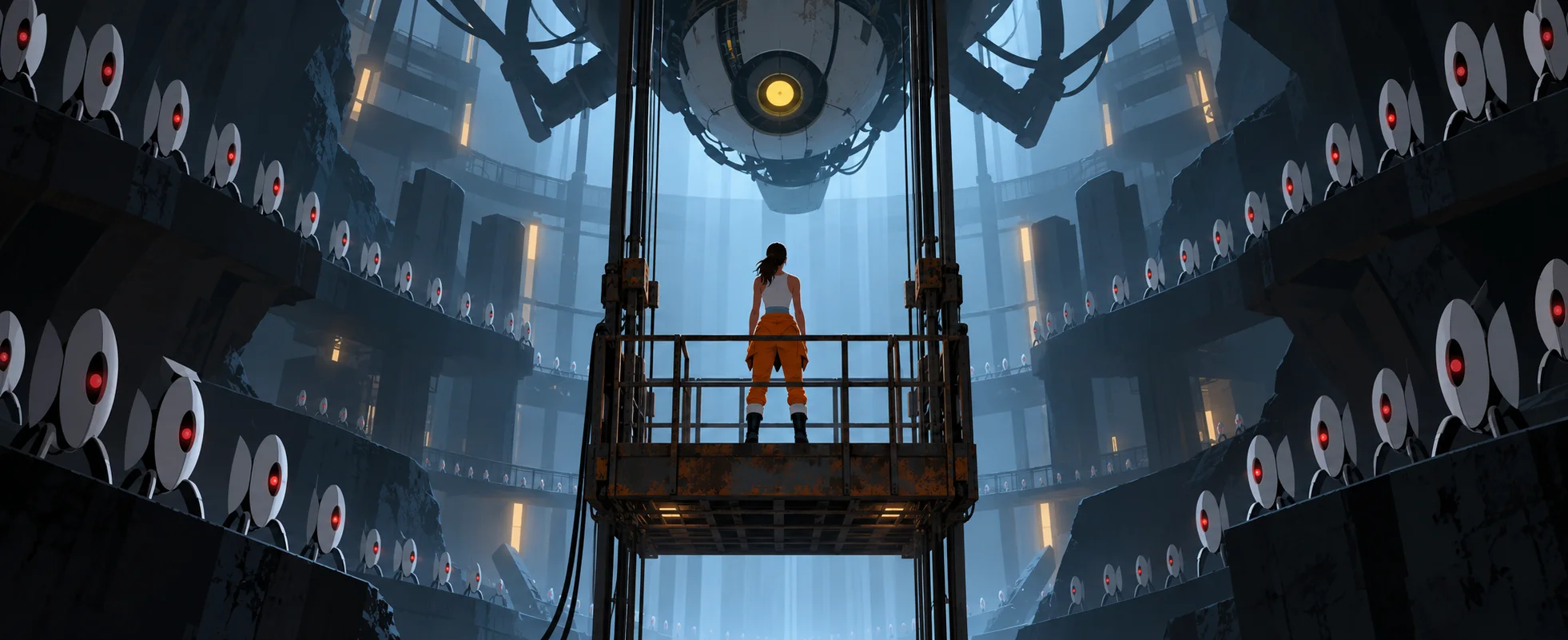 A lone woman in an orange jumpsuit, seen from behind, rides a small freight elevator up through a vast dark chamber where rows of white egg-shaped robots with red eyes line the ledges and a huge robot with one yellow eye looms above.