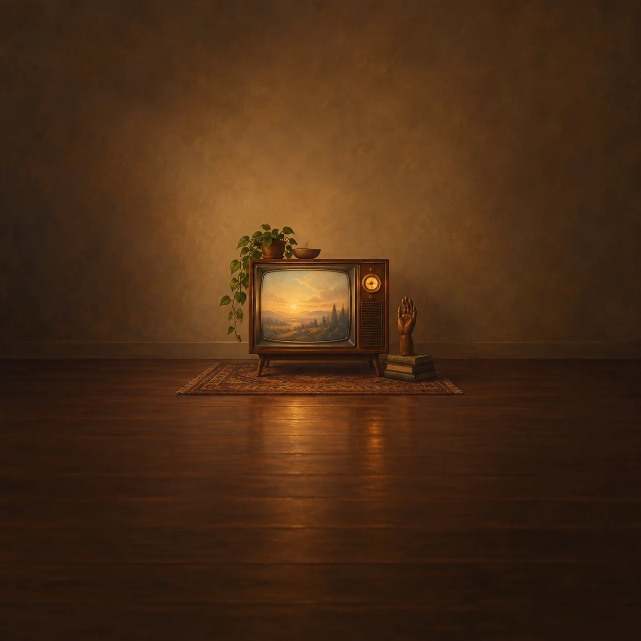 Painterly wooden television showing a landscape beside books, a small carved hand and trailing plant.