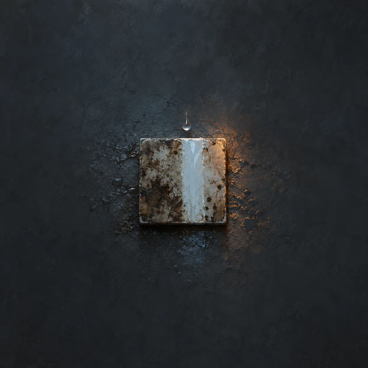 A dirty square tile has a clean wet stripe down it, with a single droplet suspended above against a dark background.