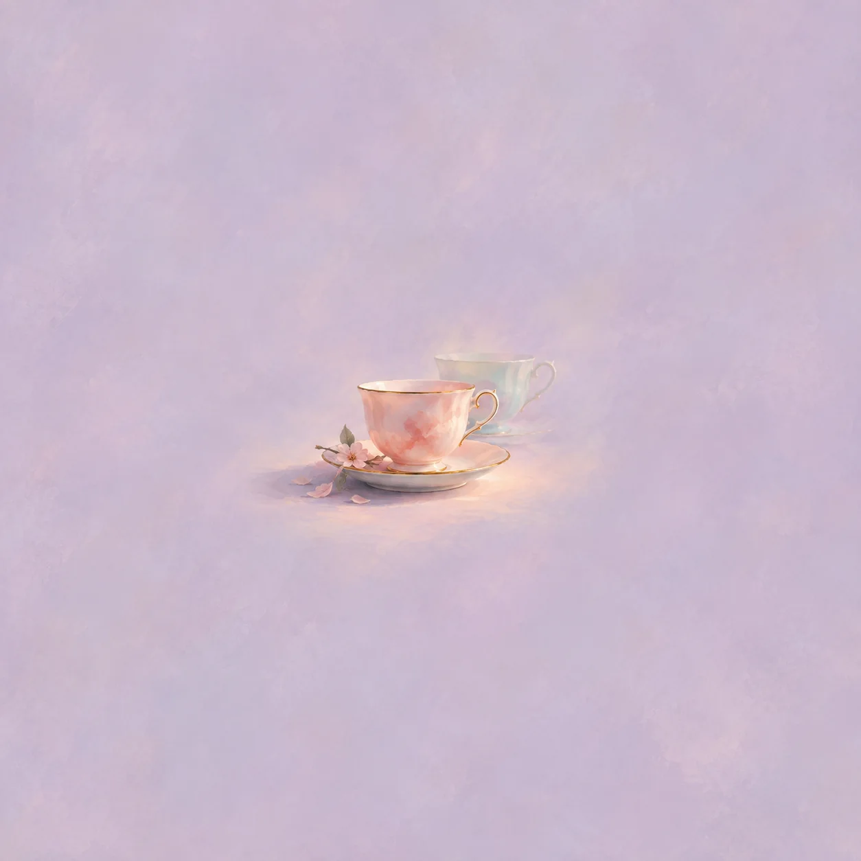A pink porcelain teacup and saucer sit beside pale petals, with a faint second cup behind them.