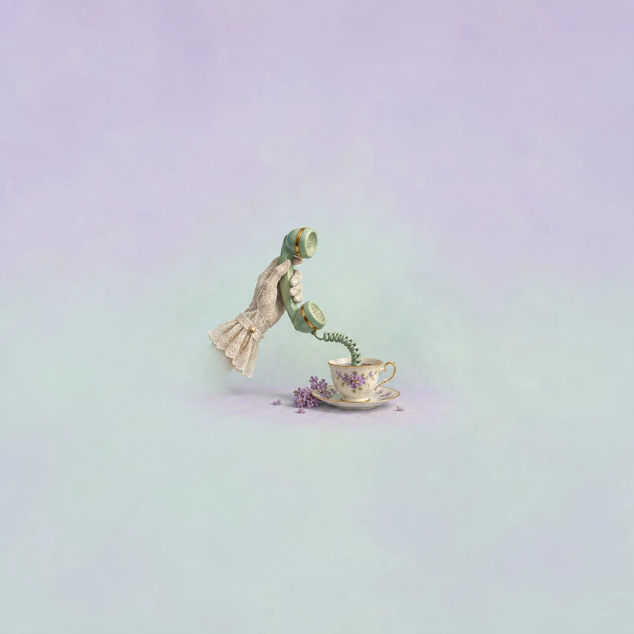 A lace-gloved hand holds a green telephone receiver with its coiled cord descending into a floral teacup.