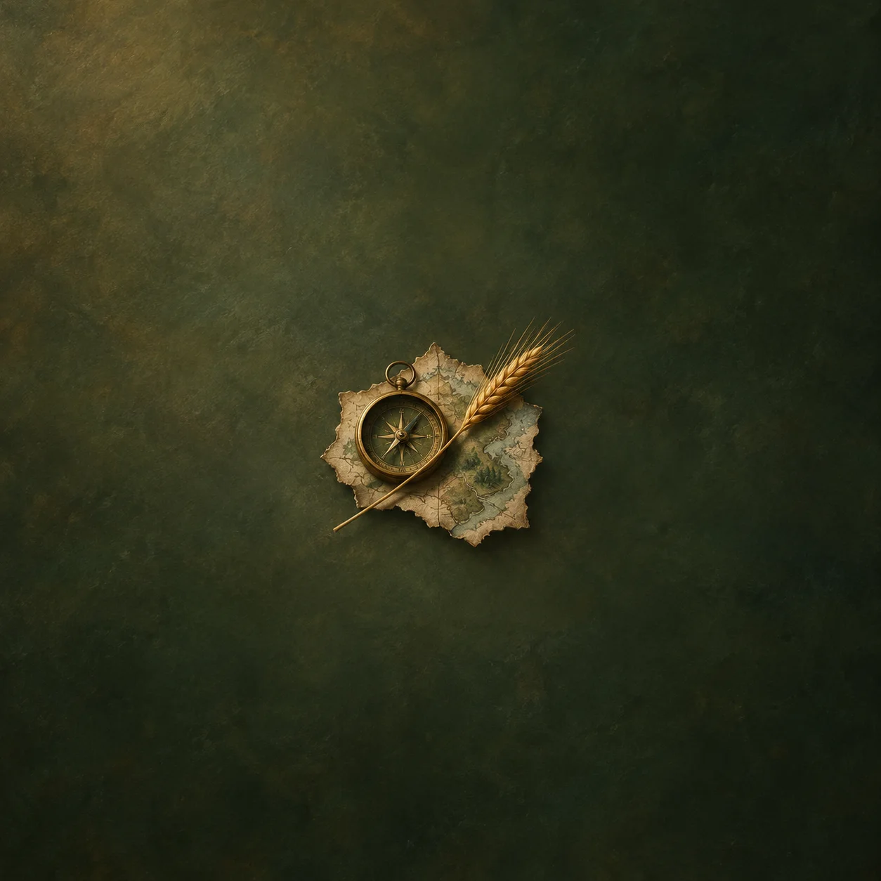 A brass compass and a single wheat stalk rest diagonally across a torn map fragment against a dark green background.