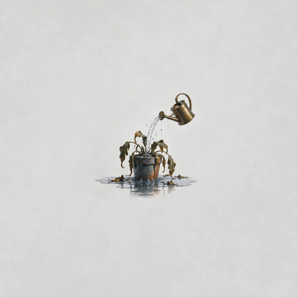 A brass watering can pours over a wilted potted plant standing in a puddle against pale grey.