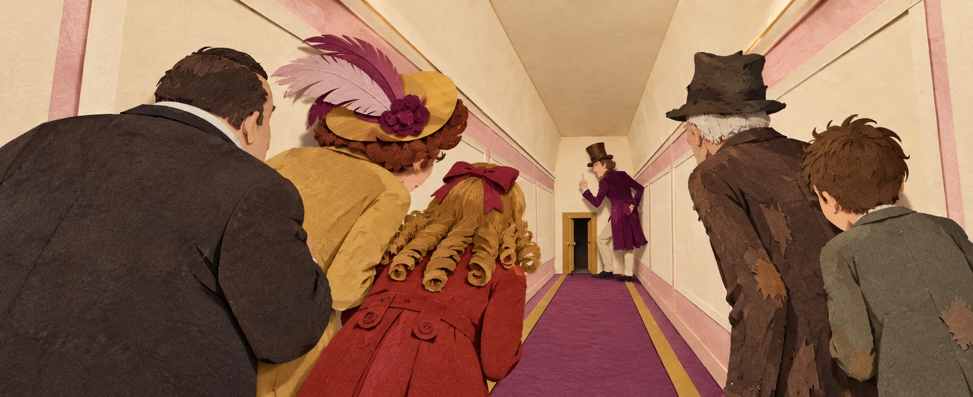 Cut-paper collage of the factory's narrowing entrance hall: the grumbling visitors, seen from behind, crowd towards a tiny door where Willy Wonka turns back with one finger raised.
