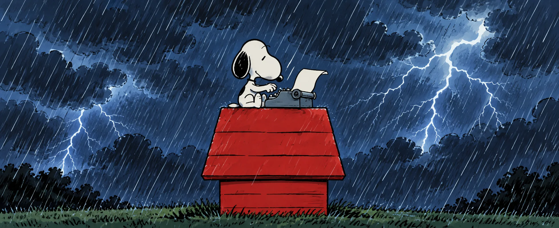Newspaper-strip illustration: a white beagle sits typing on a typewriter on top of a red kennel roof in a violent night storm, with heavy rain, dark clouds and forked lightning all around.