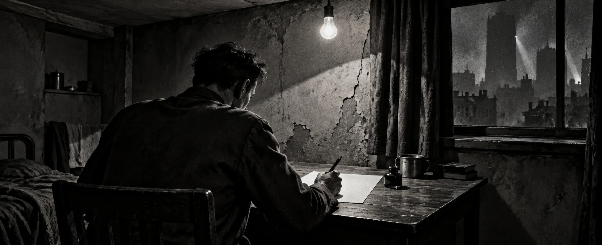 A man writes secretly at a table in a bare, cracked flat in black and white, a grim city beyond the window.