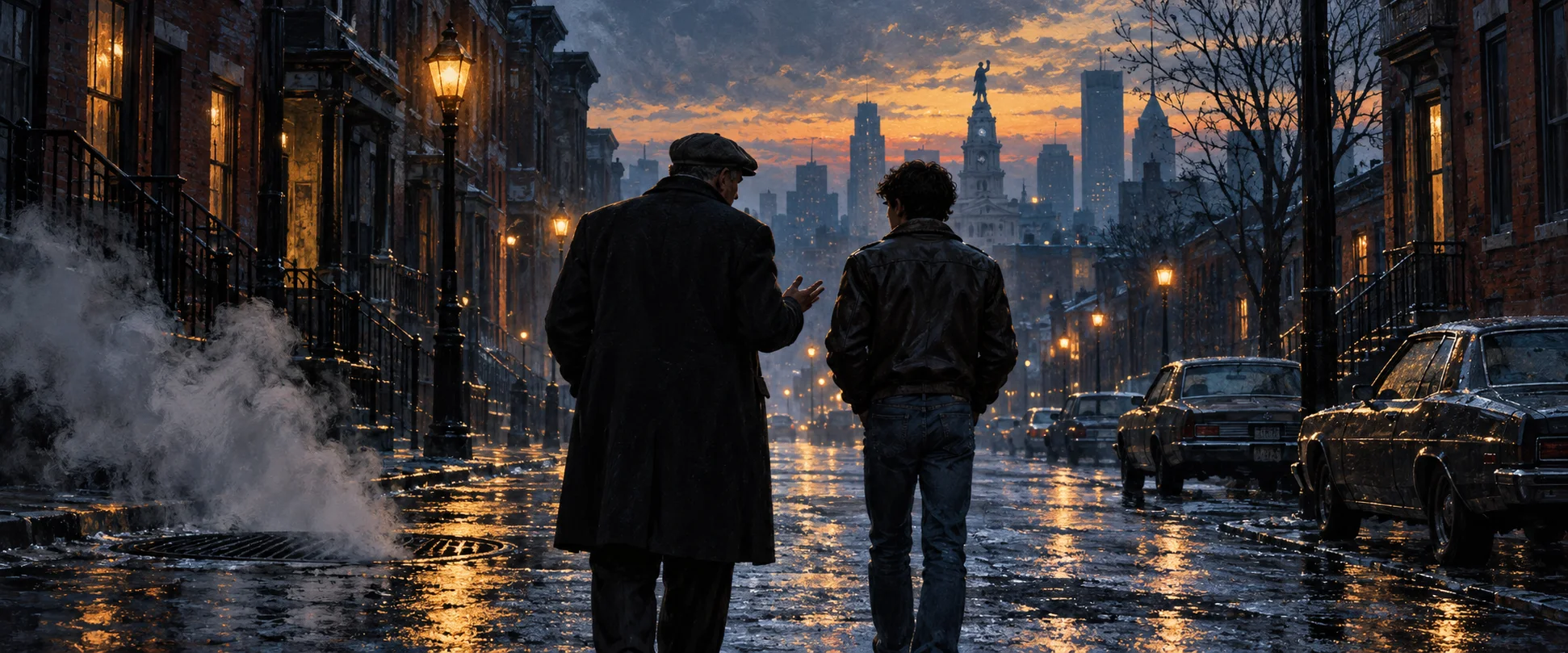 A father in a flat cap and his grown son walk a wet Philadelphia street at dusk, steam rising from a grate.