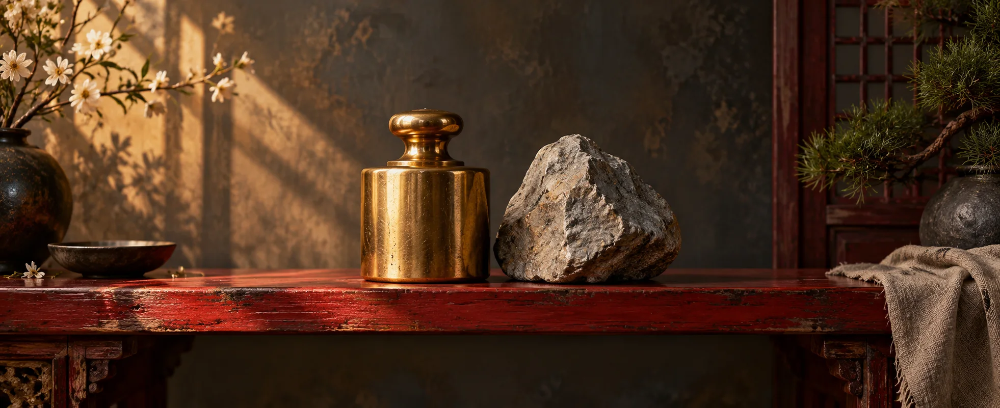 A polished brass weight rests beside a roughly shaped grey stone on a red wooden shelf.
