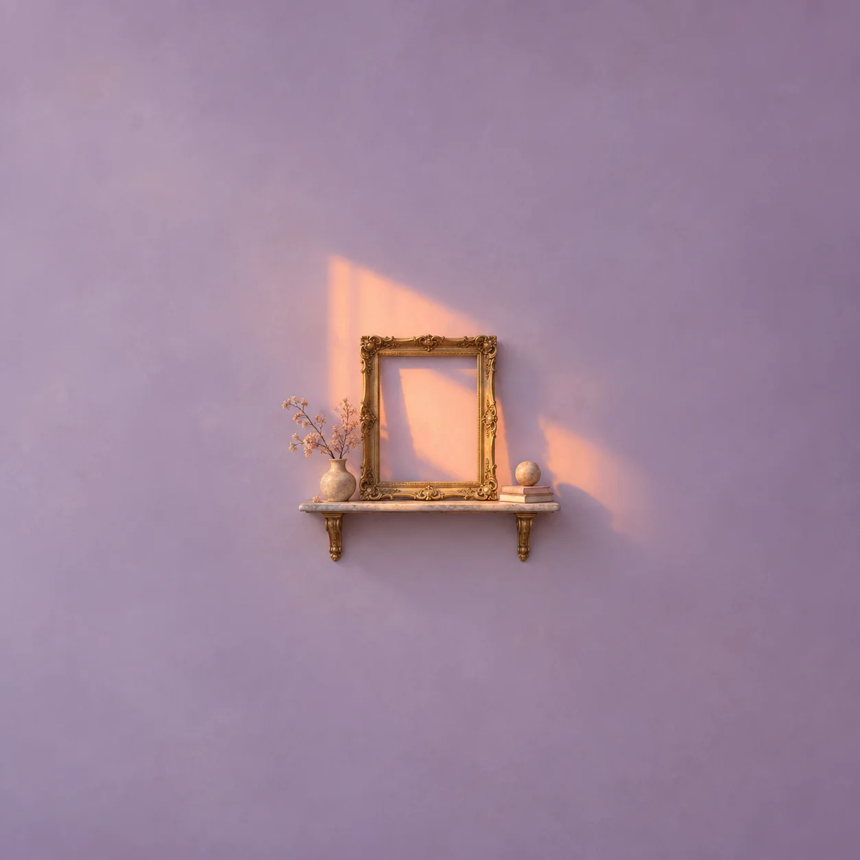 An empty gilt frame on a small shelf beside a vase and a round ornament, with warm light crossing a lilac wall.