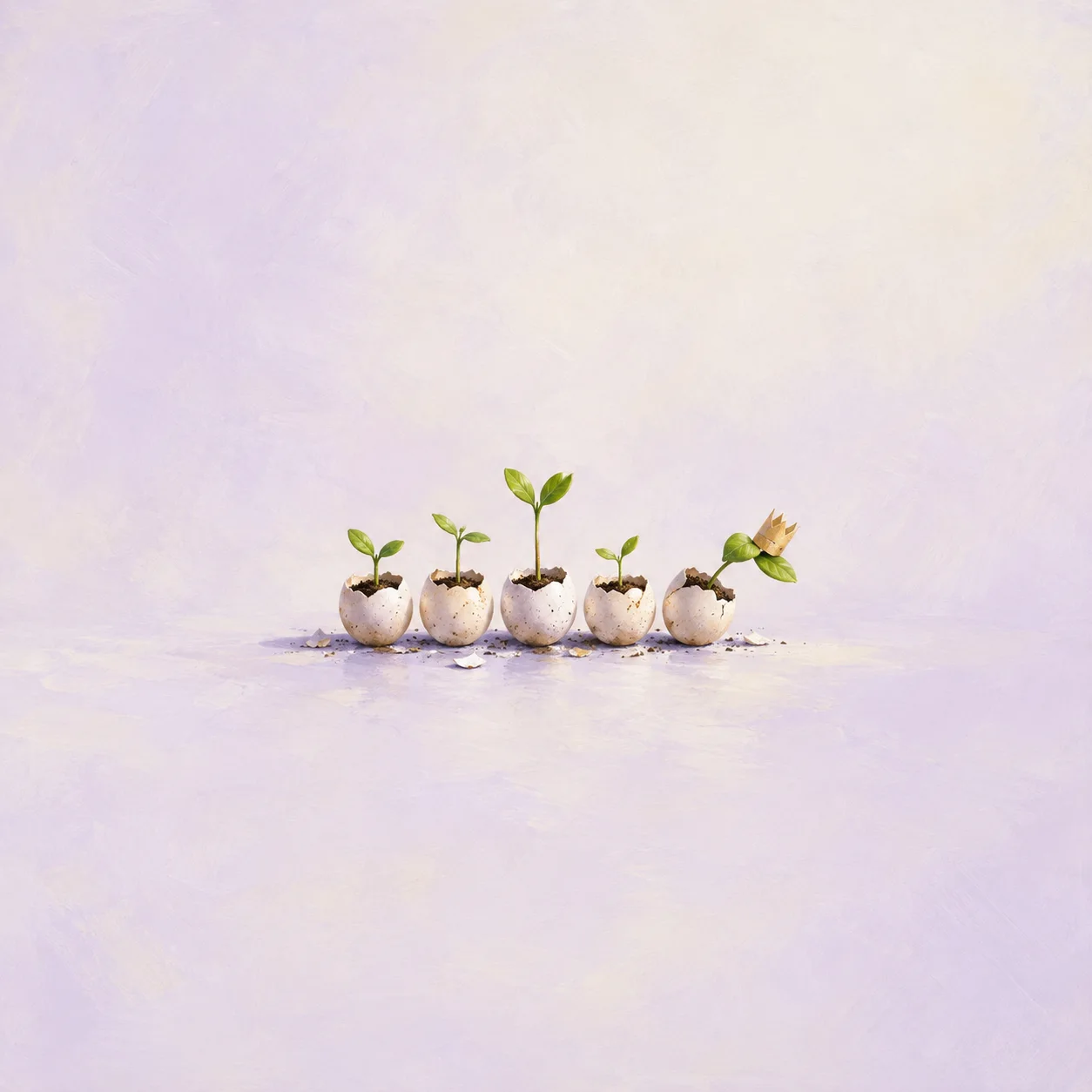 Five seedlings growing in cracked eggshells, the last leaning sideways beneath a small paper crown.
