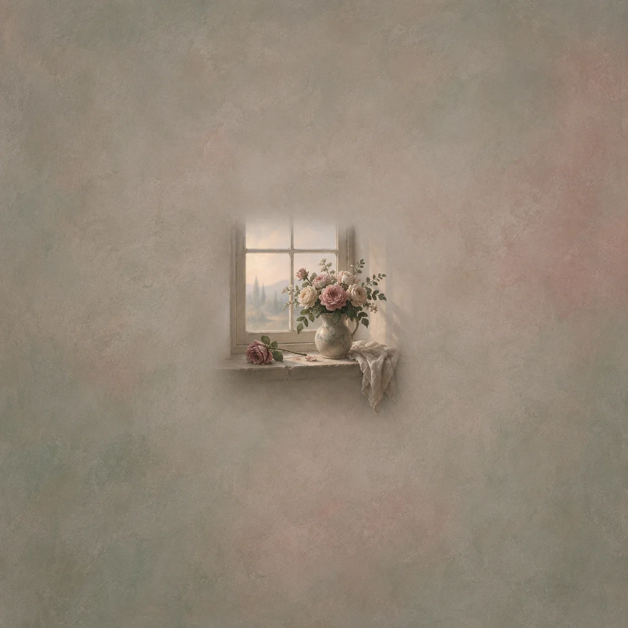 Painterly vase of pink roses beside a drooping flower and pale cloth on a windowsill.
