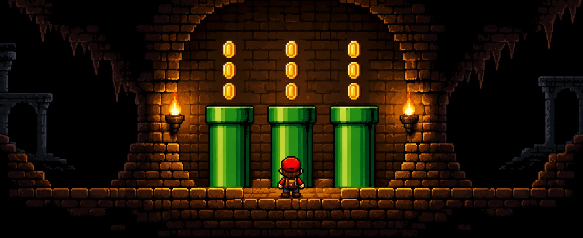 A tiny adventurer in a red cap stands before three tall green pipes in a secret underground brick room full of coins.