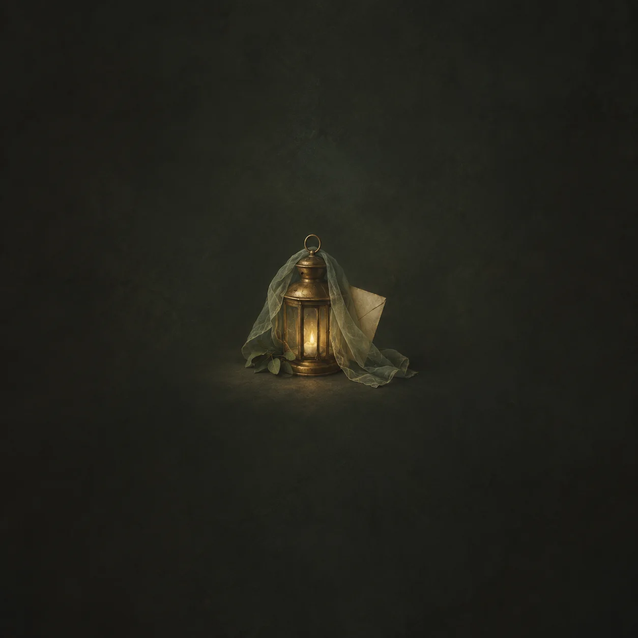 A softly glowing brass lantern draped with gauzy fabric, with a pale paper slip tucked behind it.