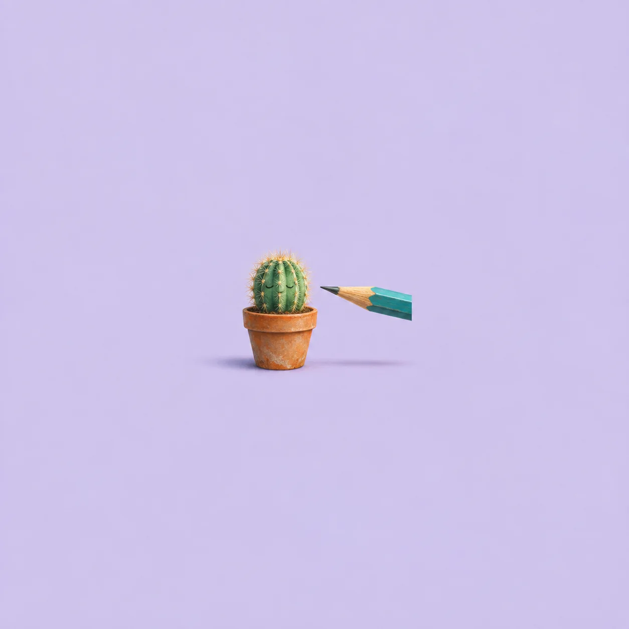 A sharpened turquoise pencil points towards a small cactus in a terracotta pot against a lilac background.