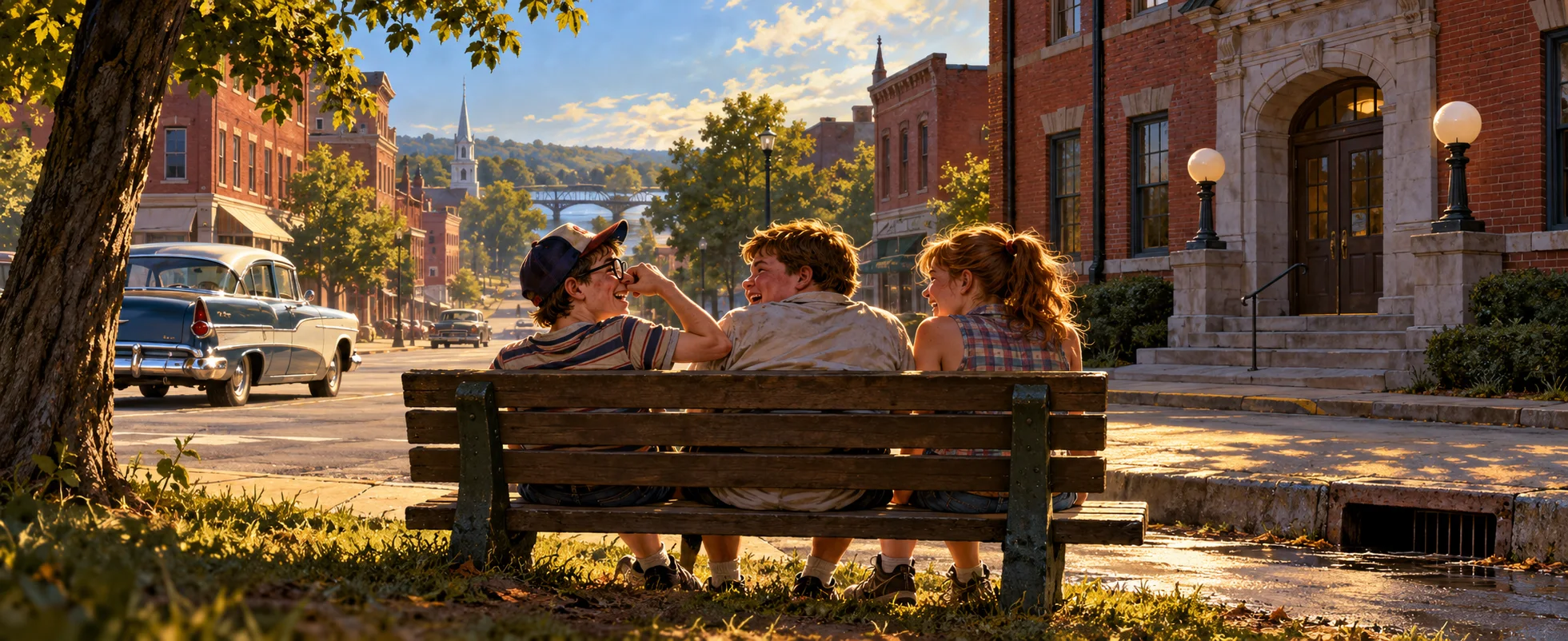 Three kids squeeze onto a bench on a small-town street in 1958, one teasing another.