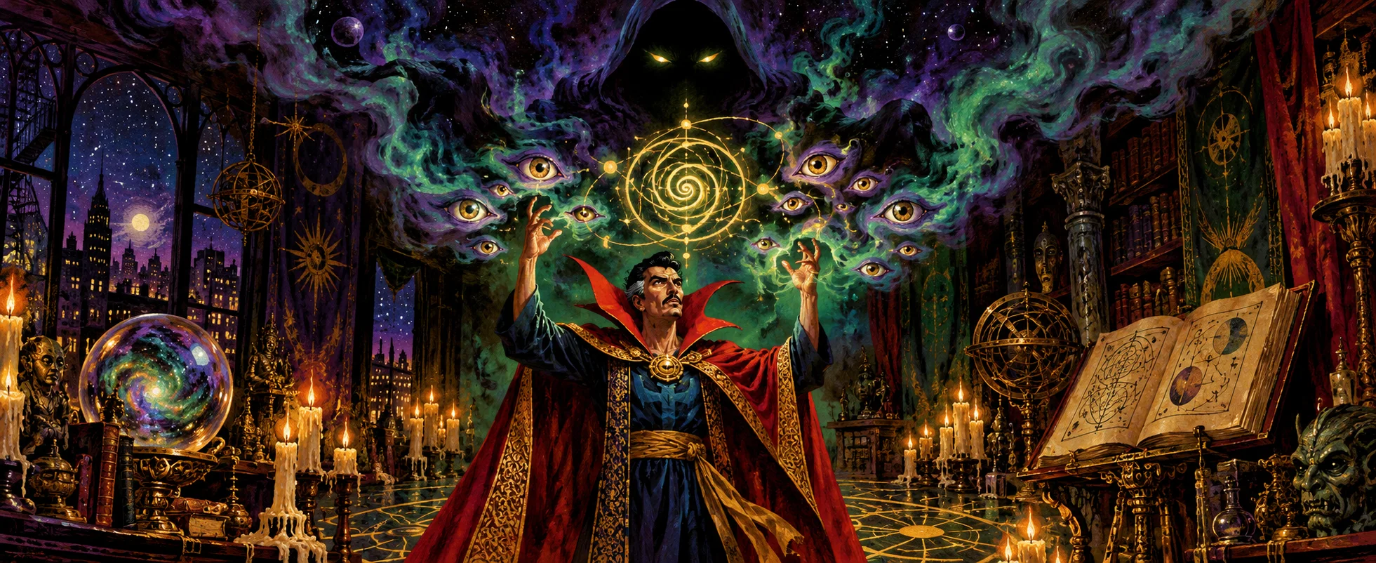 A sorcerer in a red cloak raises his hands under swirling green mystic smoke and watching eyes in a candlelit sanctum.