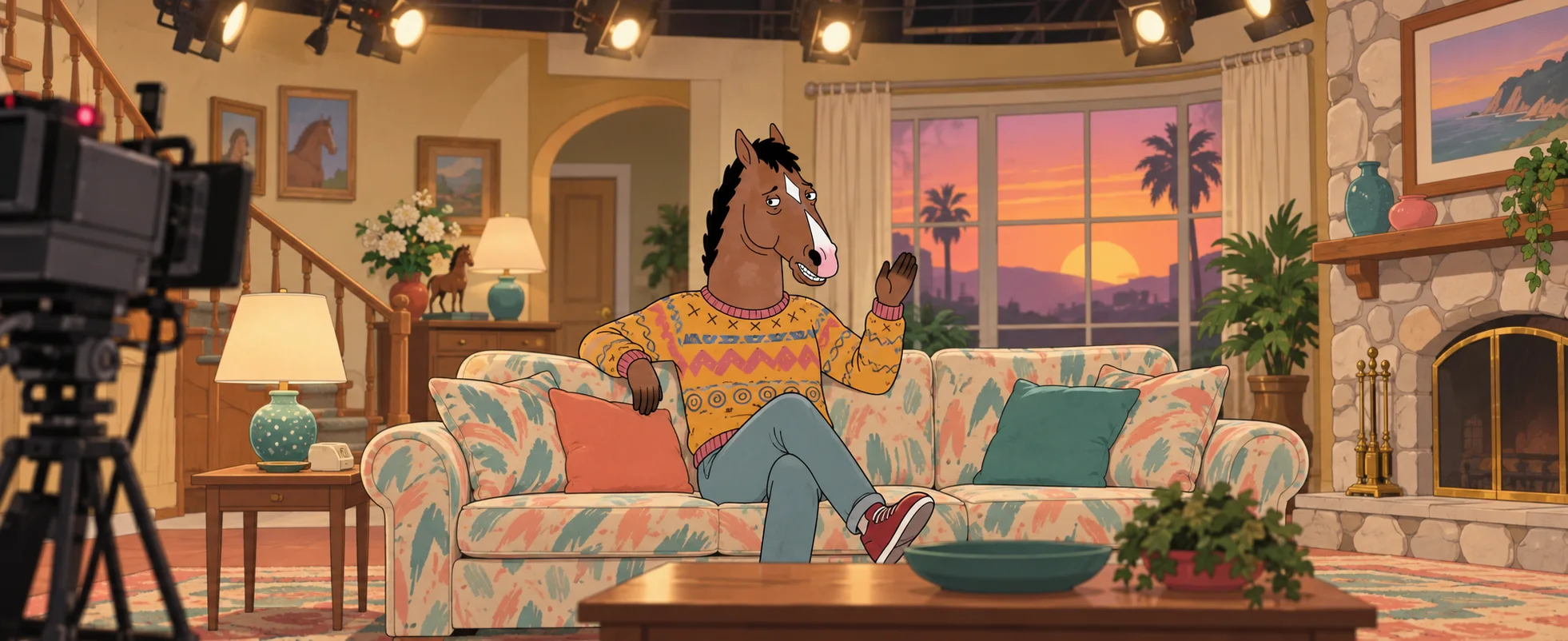 A cartoon horse in a loud 1990s sweater lounges on a floral sofa on a bright sitcom set, a studio camera on a tripod at the edge.