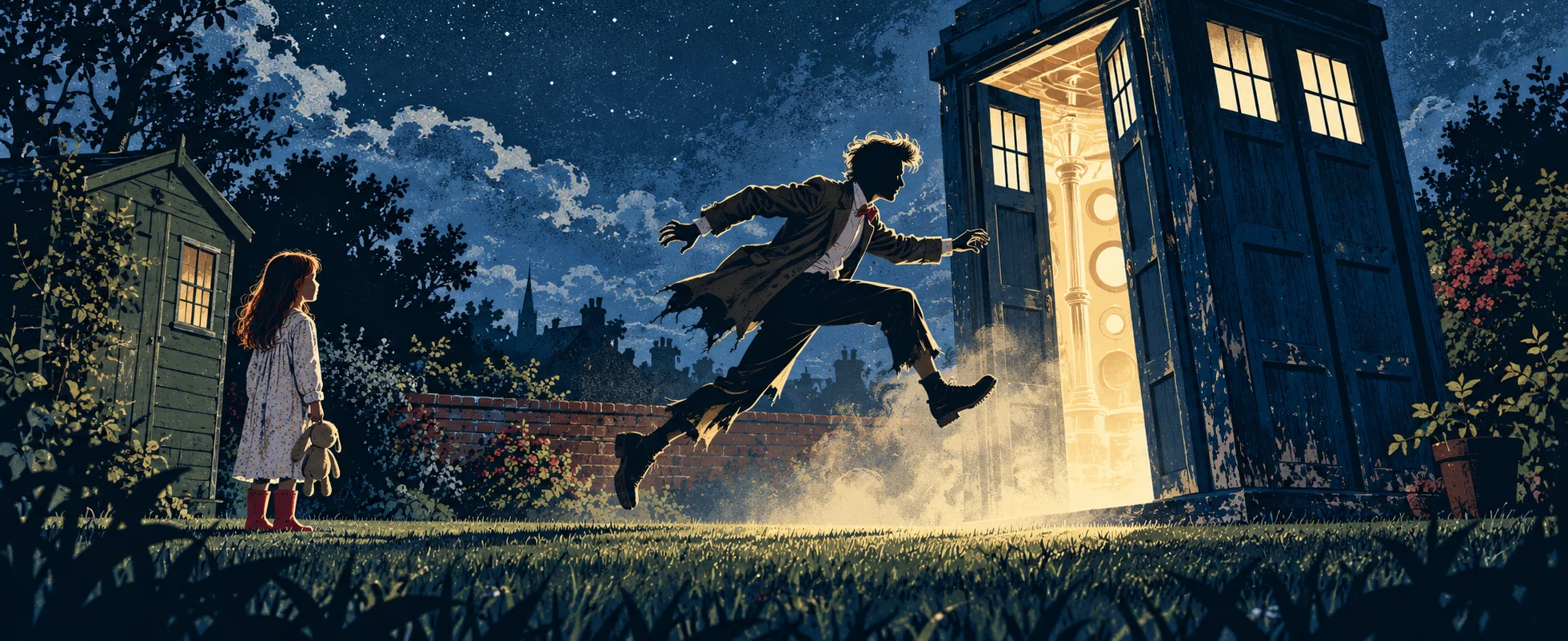A man in battered clothes leaps into the glowing doorway of a blue police box on a moonlit garden lawn as a small girl in a nightdress watches.