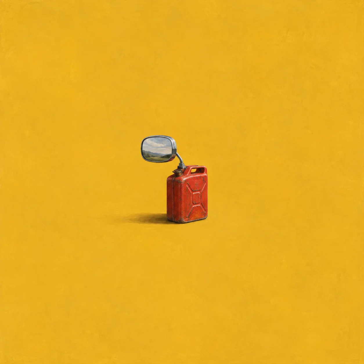 Painterly chrome side-view mirror mounted on a red fuel can against yellow.