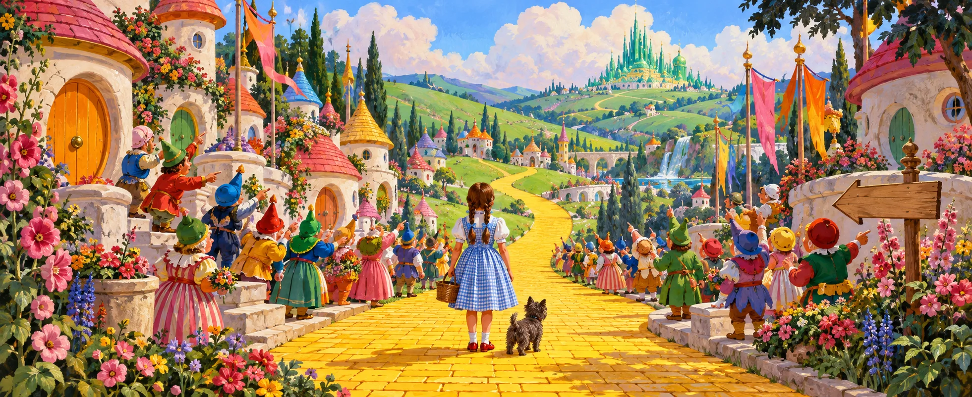 A girl in a blue gingham dress and her small dog set off down a yellow brick road lined with cheering little townsfolk.