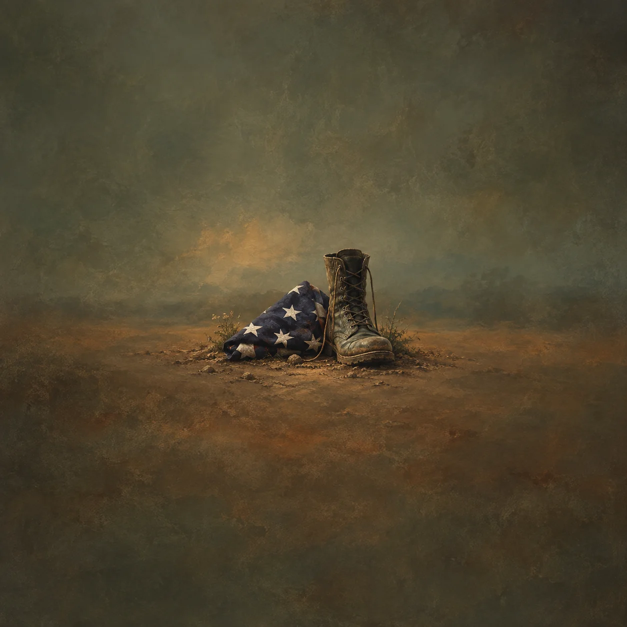 A worn combat boot stands beside a folded blue flag patterned with white stars on bare earth.