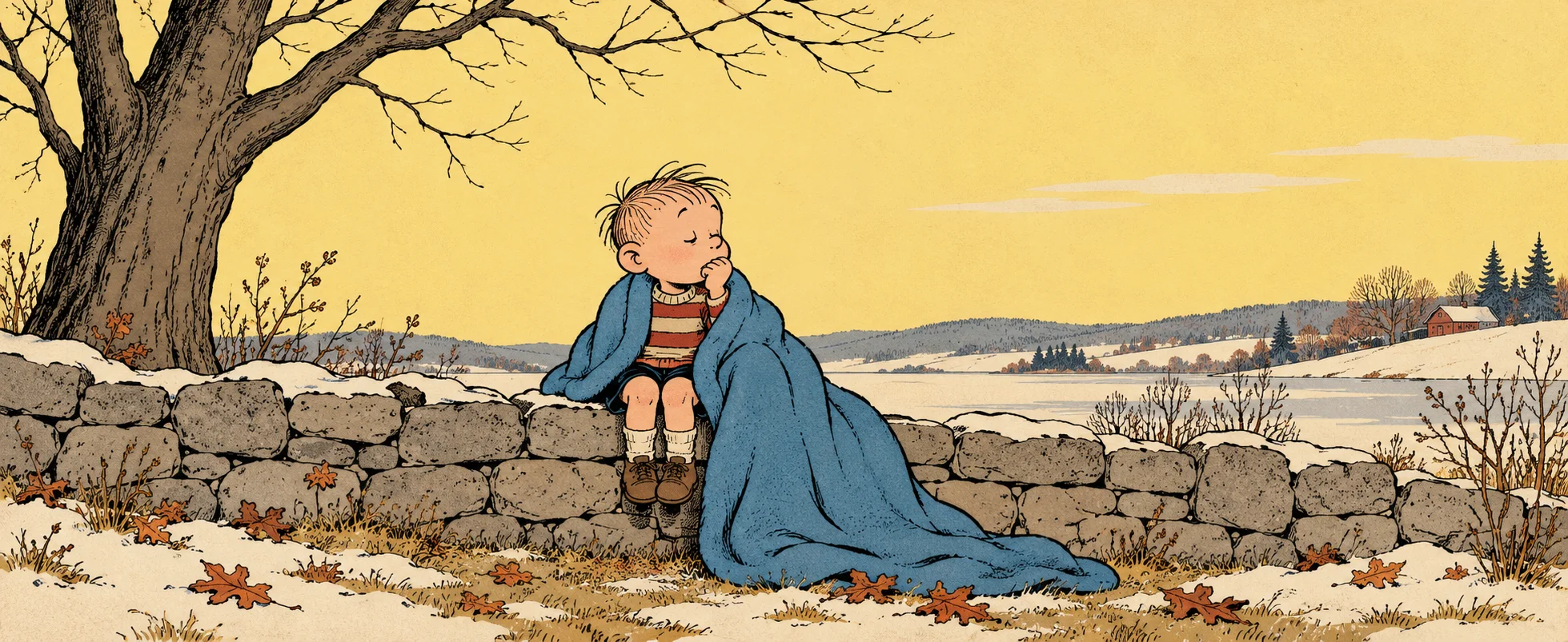 A small boy sits on a stone wall wrapped in a blue blanket, sucking his thumb on a wintry afternoon.