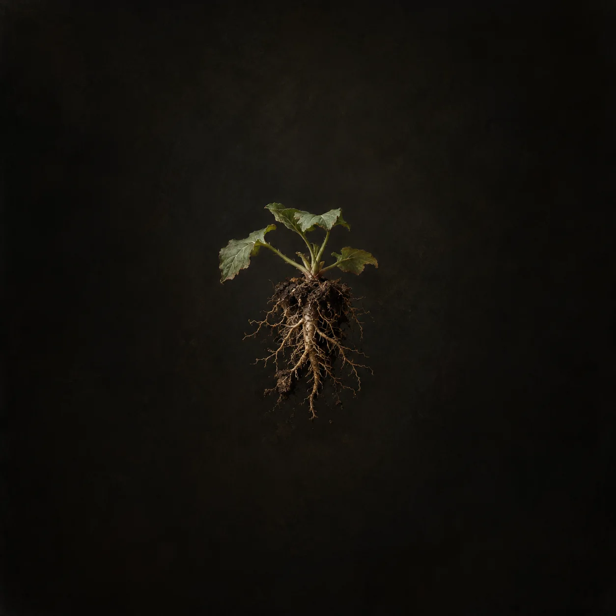 An uprooted plant with exposed tangled roots and a few green leaves hangs against black.