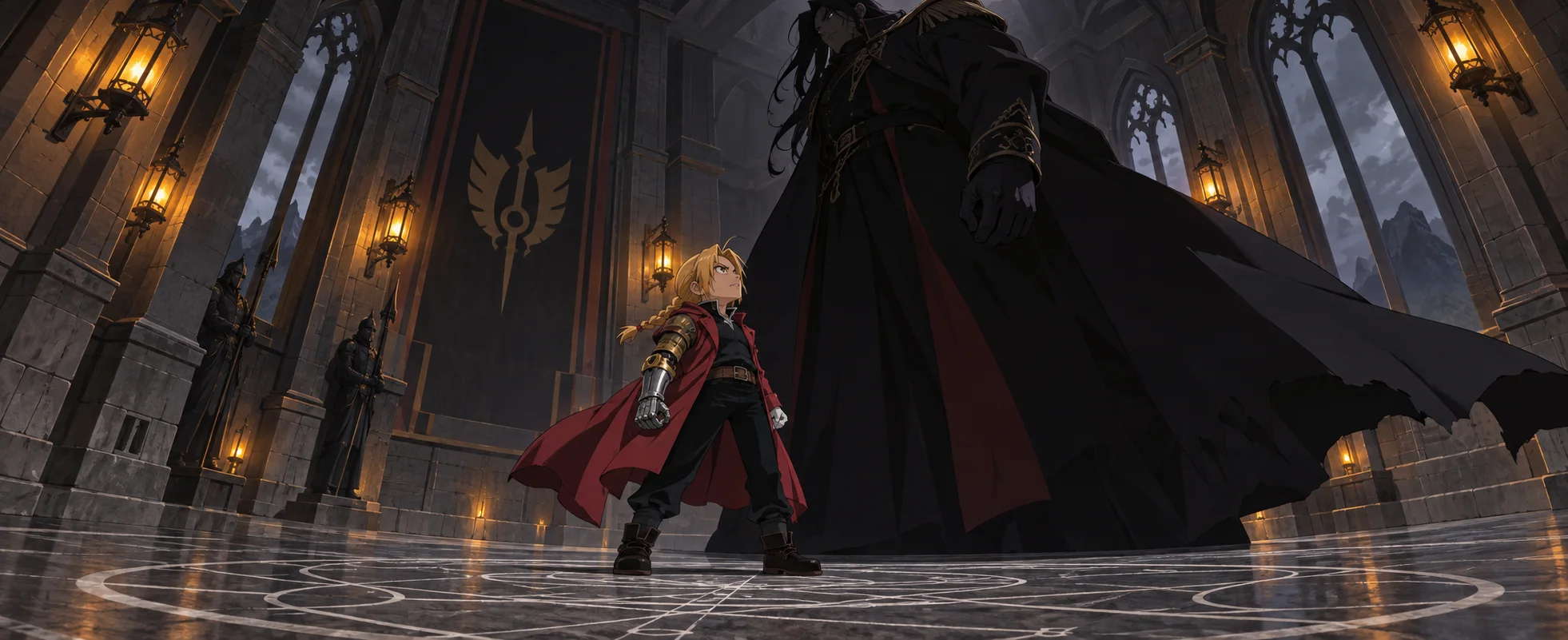 A blond boy in a red coat with a metal arm faces a giant dark figure across a hall marked with a glowing circle.