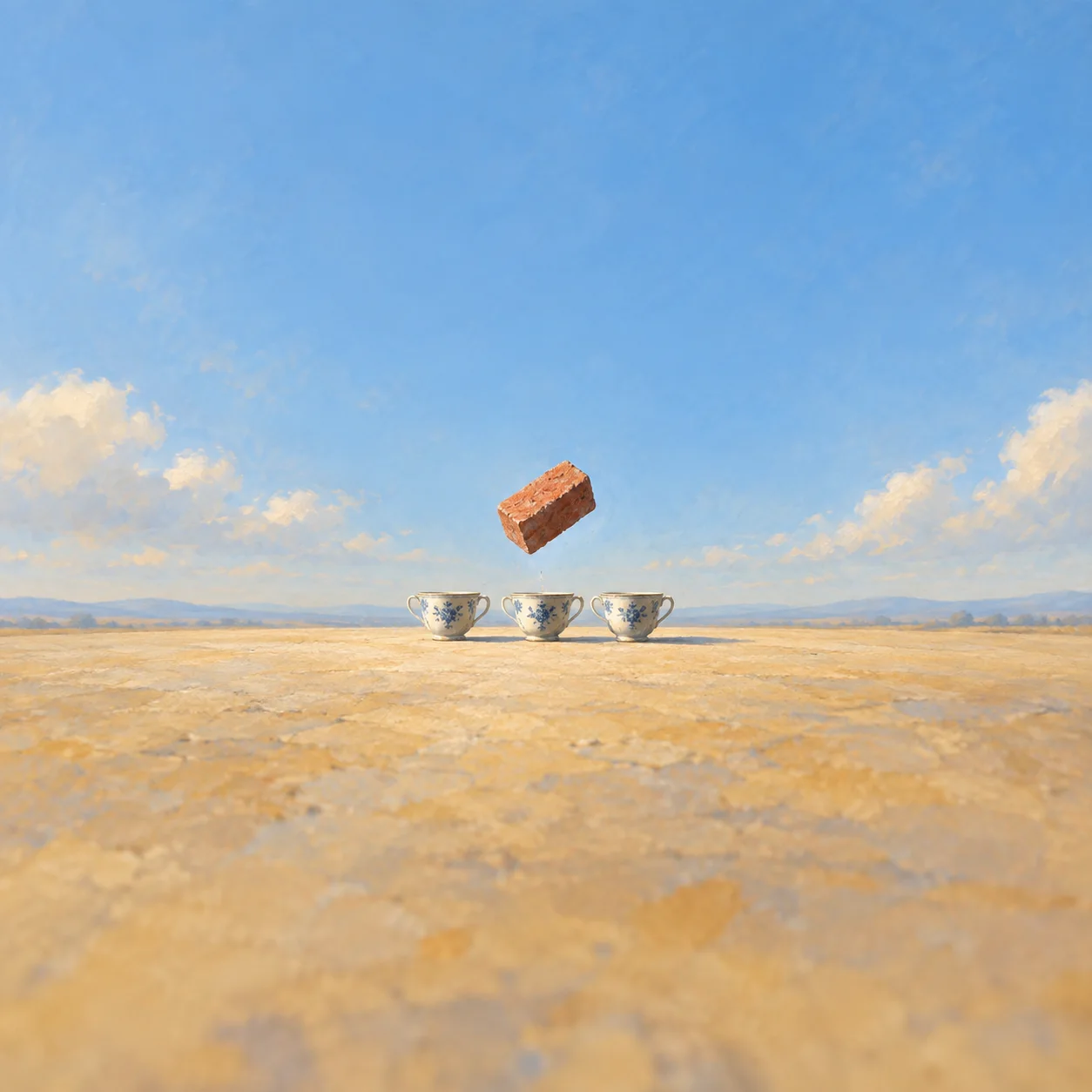 A red brick in mid-air over three small porcelain teacups against a blue and ochre background.
