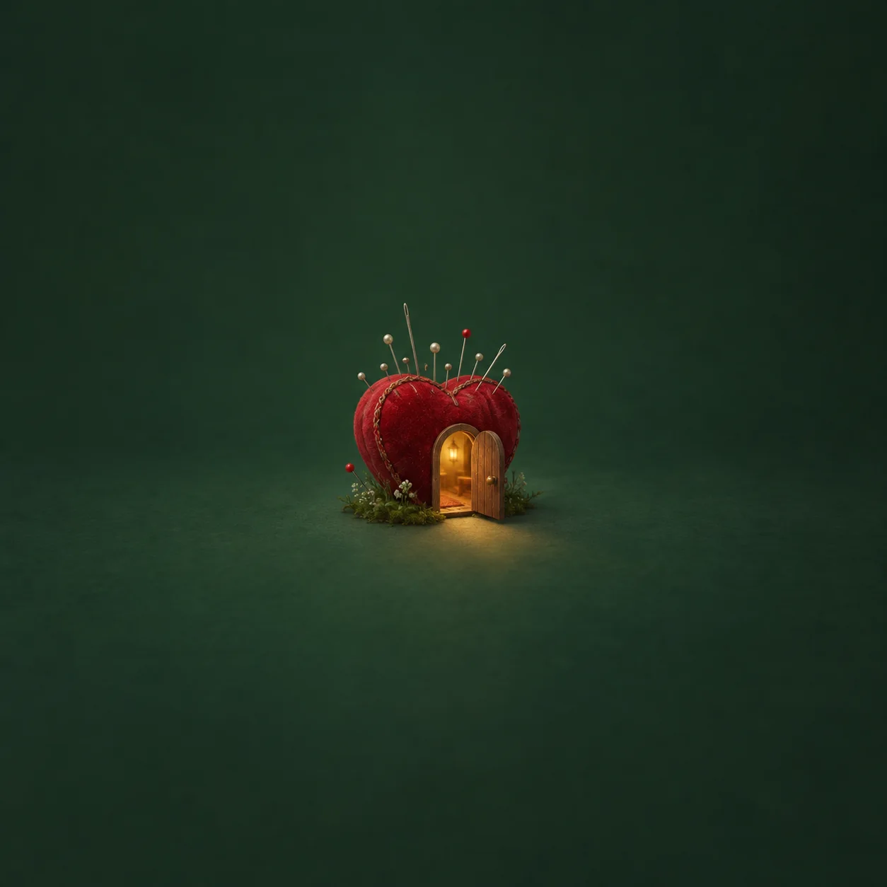 A red heart-shaped pincushion has a small glowing doorway beneath upright pins against dark green.
