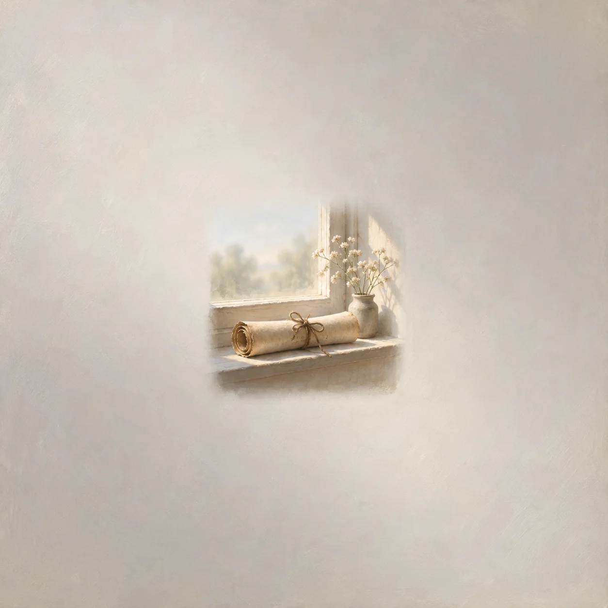 A tied parchment scroll rests on a sunlit windowsill beside a small vase of pale flowers.